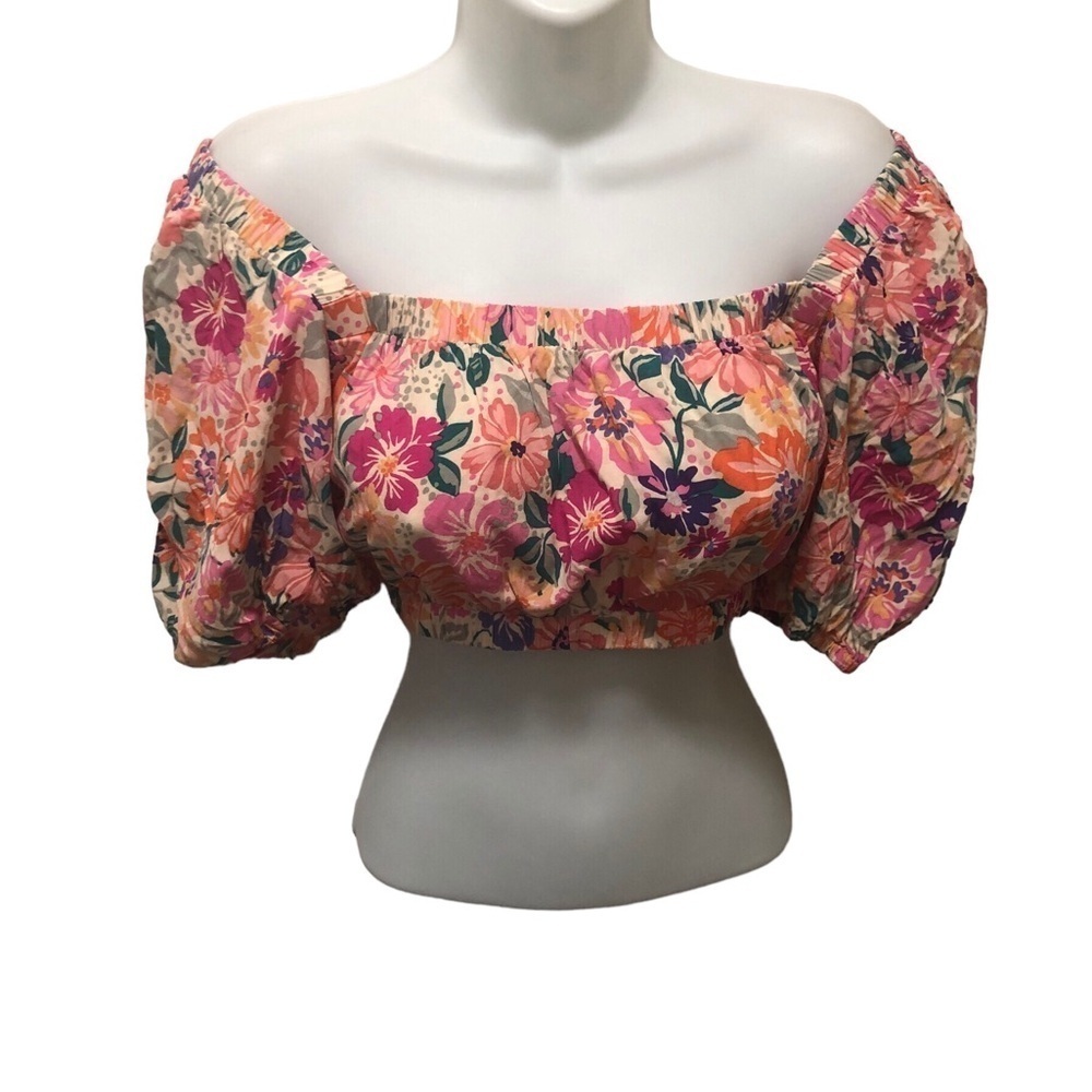 Abel The Label Floral Puff Sleeve Crop Top Sz S Bright Flowers Coquette Girl